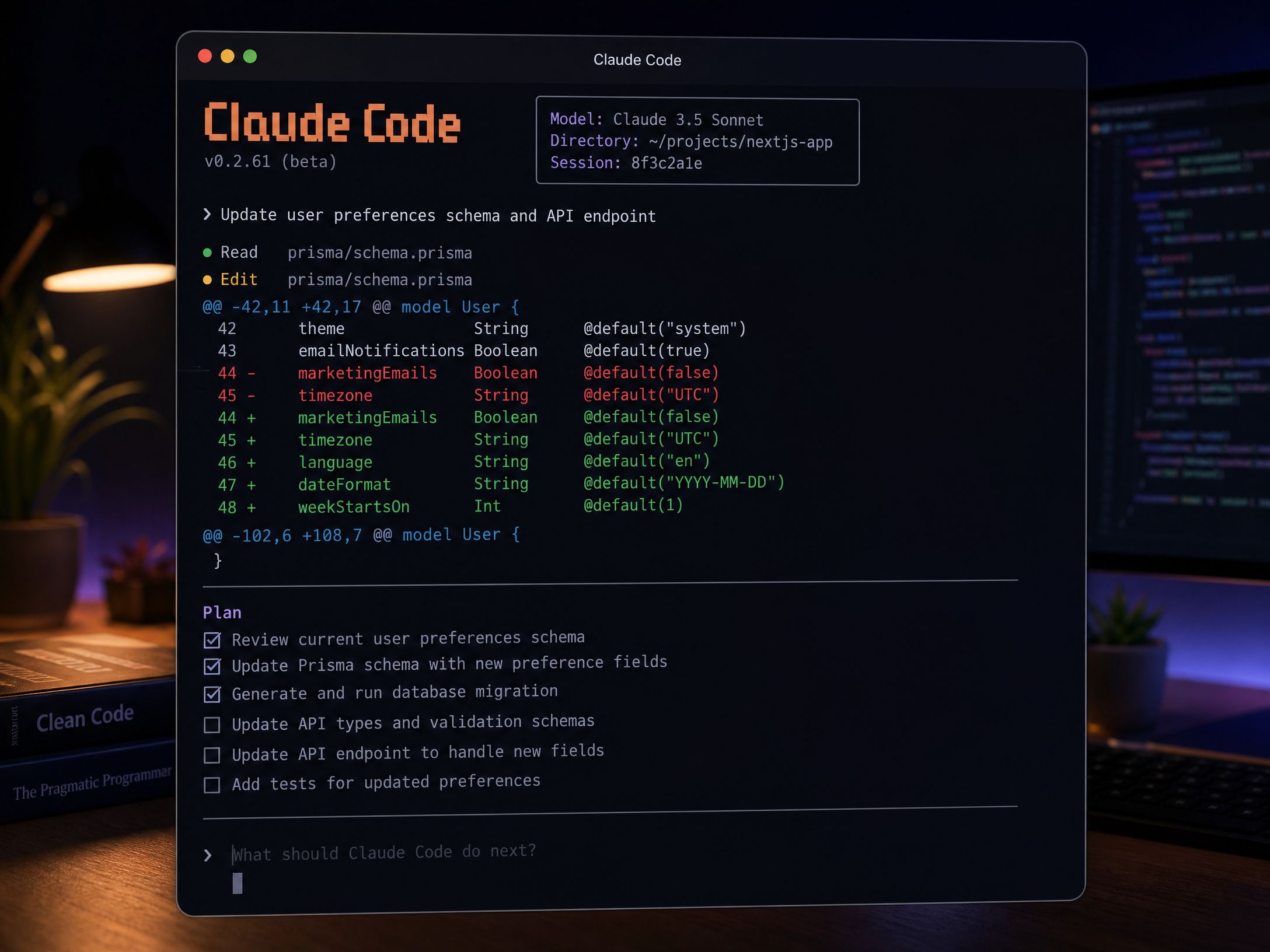 Claude Code terminal interface showing code diff and plan