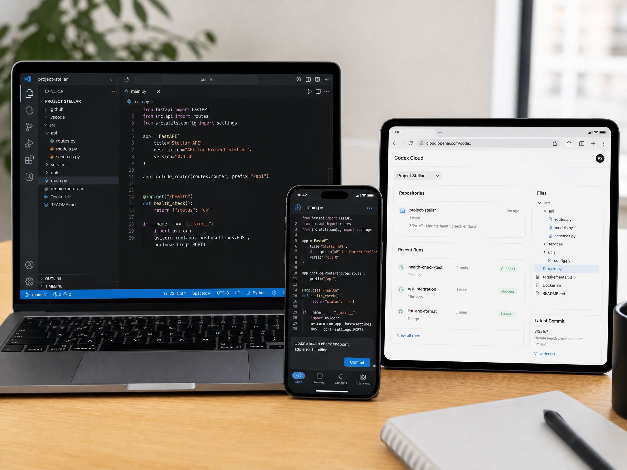 OpenAI Codex across multiple devices: laptop, smartphone, and tablet